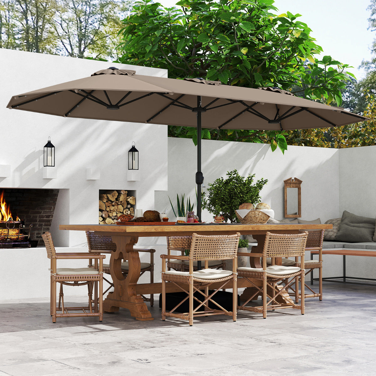 4 m Double-Sided Patio Umbrella with Base and Solar Lights-Coffee