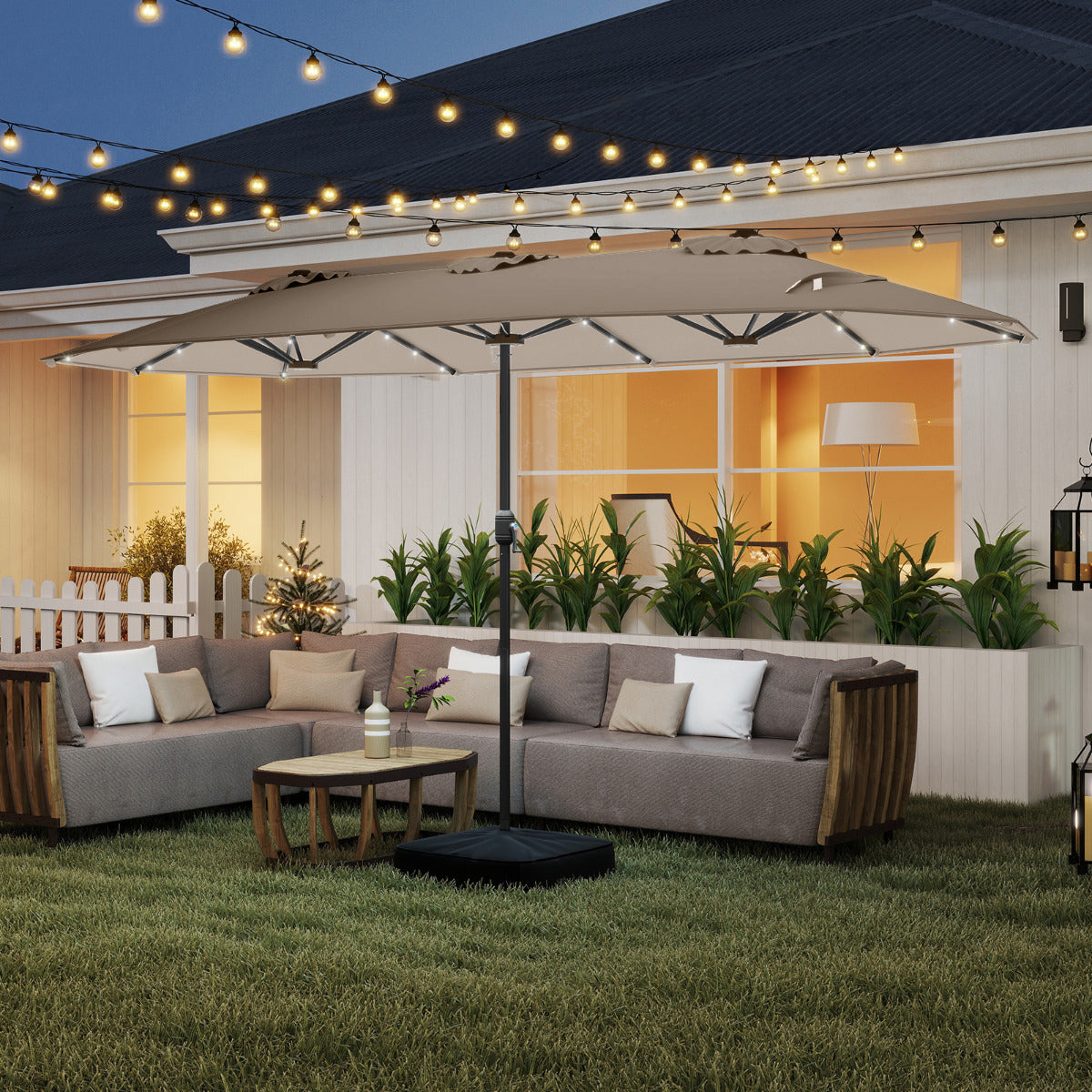 4 m Double-Sided Patio Umbrella with Base and Solar Lights-Coffee