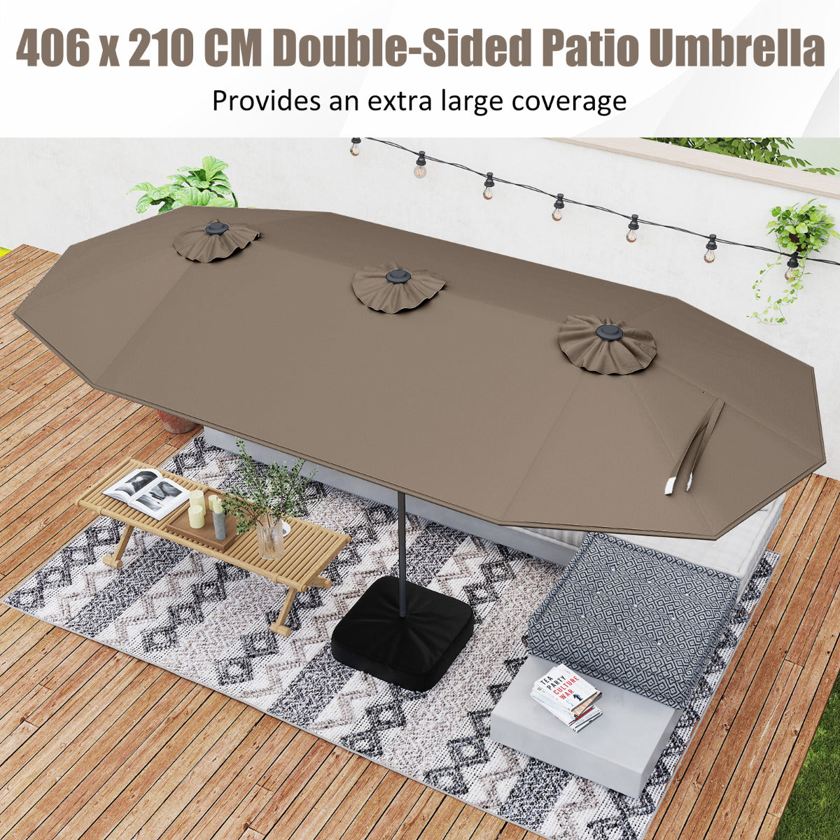 4 m Double-Sided Patio Umbrella with Base and Solar Lights-Coffee