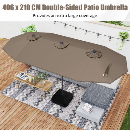 4 m Double-Sided Patio Umbrella with Base and Solar Lights-Coffee