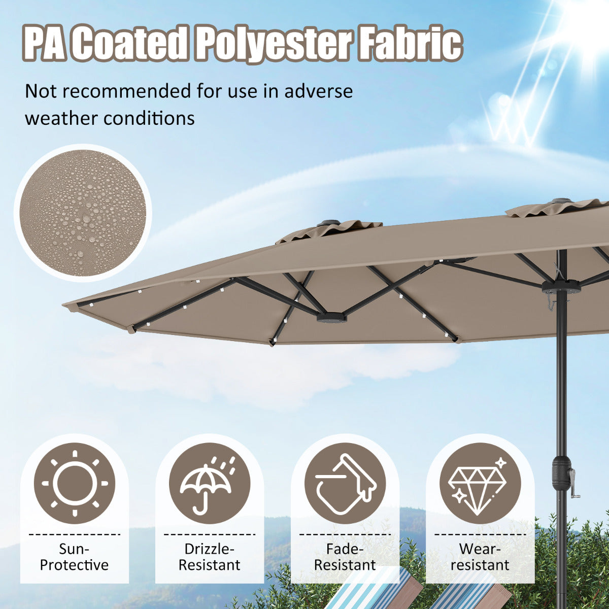 4 m Double-Sided Patio Umbrella with Base and Solar Lights-Coffee