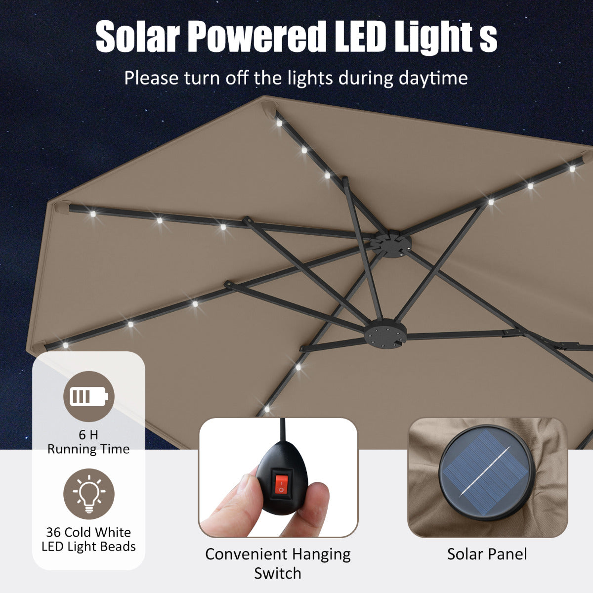 4 m Double-Sided Patio Umbrella with Base and Solar Lights-Coffee