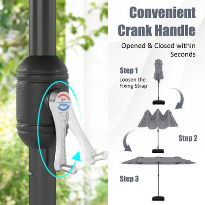 4 m Double-Sided Patio Umbrella with Base and Solar Lights-Grey