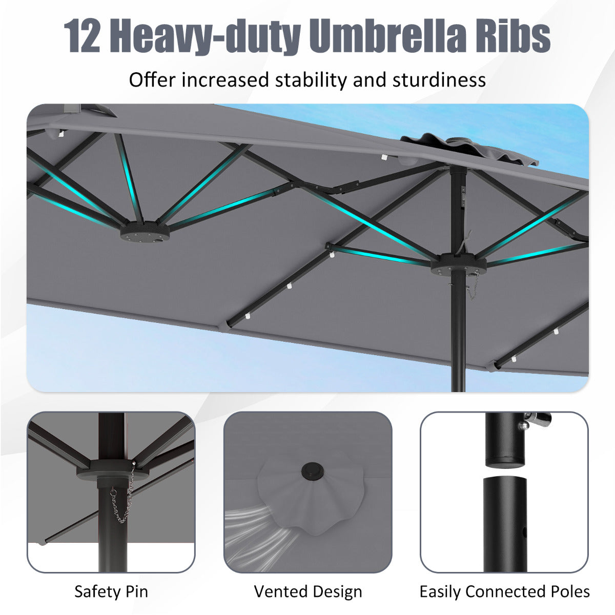 4 m Double-Sided Patio Umbrella with Base and Solar Lights-Grey