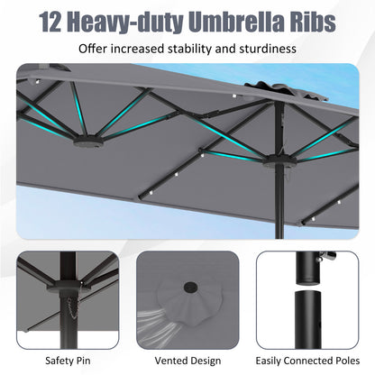 4 m Double-Sided Patio Umbrella with Base and Solar Lights-Grey