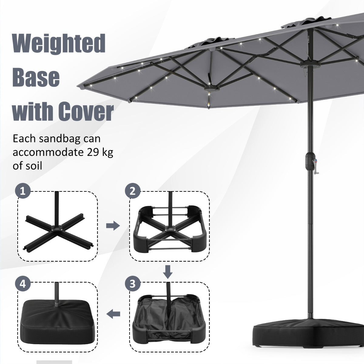 4 m Double-Sided Patio Umbrella with Base and Solar Lights-Grey