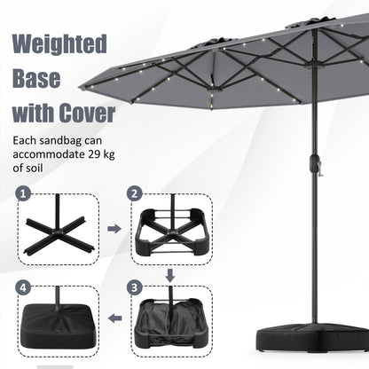 4 m Double-Sided Patio Umbrella with Base and Solar Lights-Grey