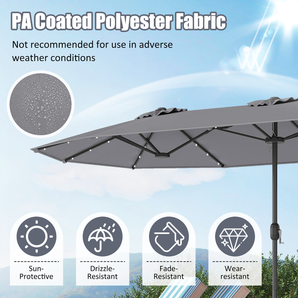 4 m Double-Sided Patio Umbrella with Base and Solar Lights-Grey