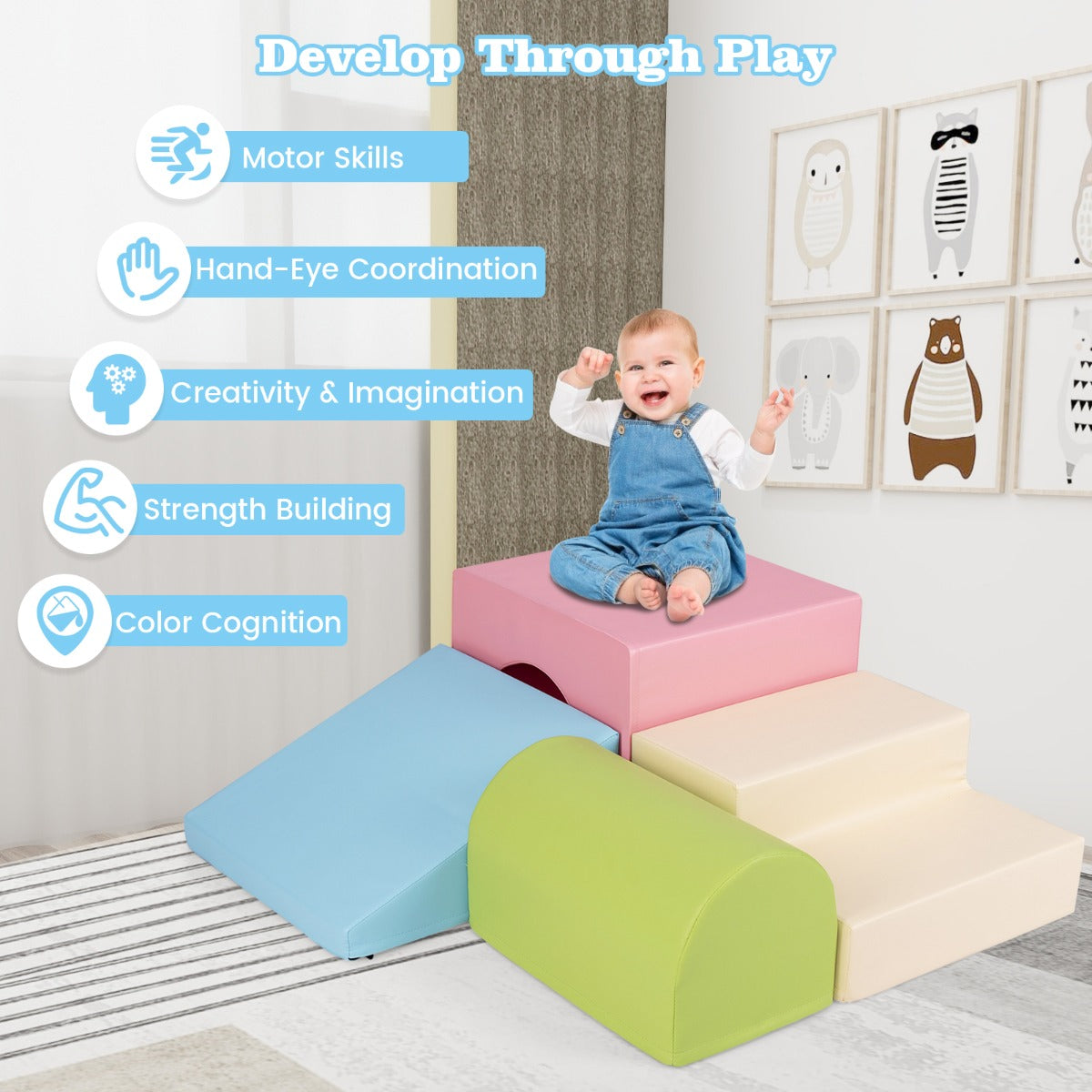 4-Piece Climb and Crawl Foam Block Play Set for Infant Baby-Pink