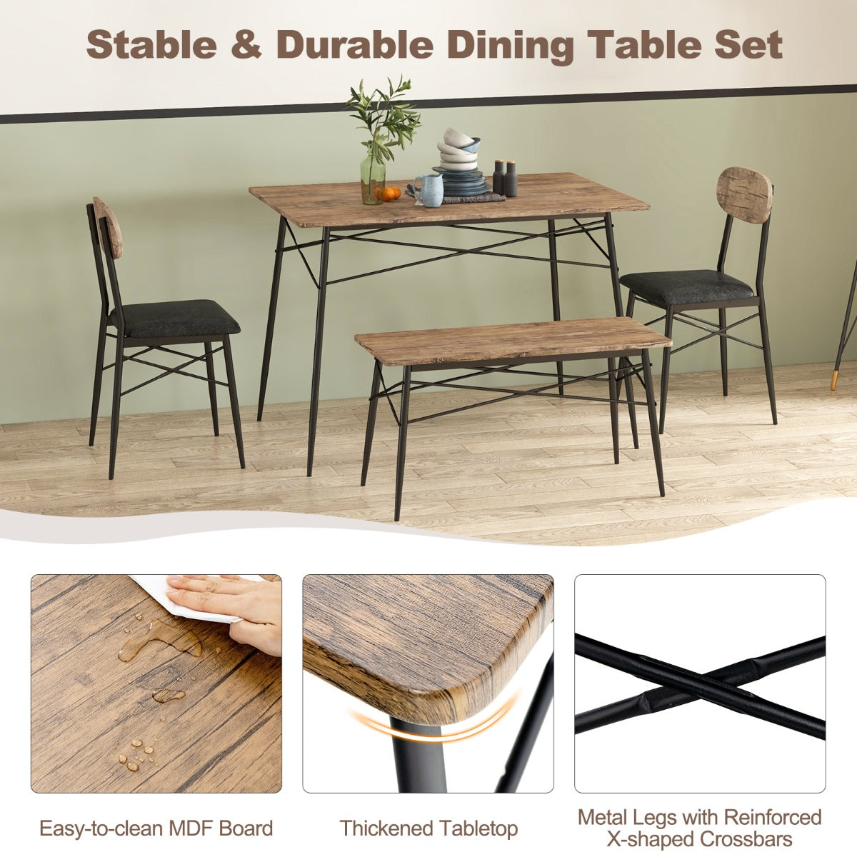 Costway 4 Piece Dining Table Set with Bench and 2 Chairs