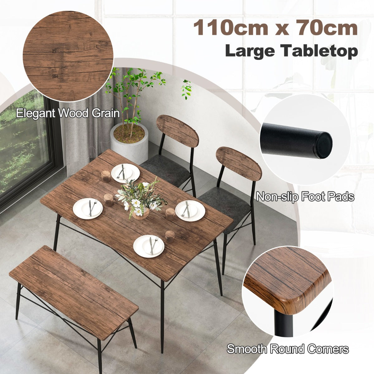 Costway 4 Piece Dining Table Set with Bench and 2 Chairs