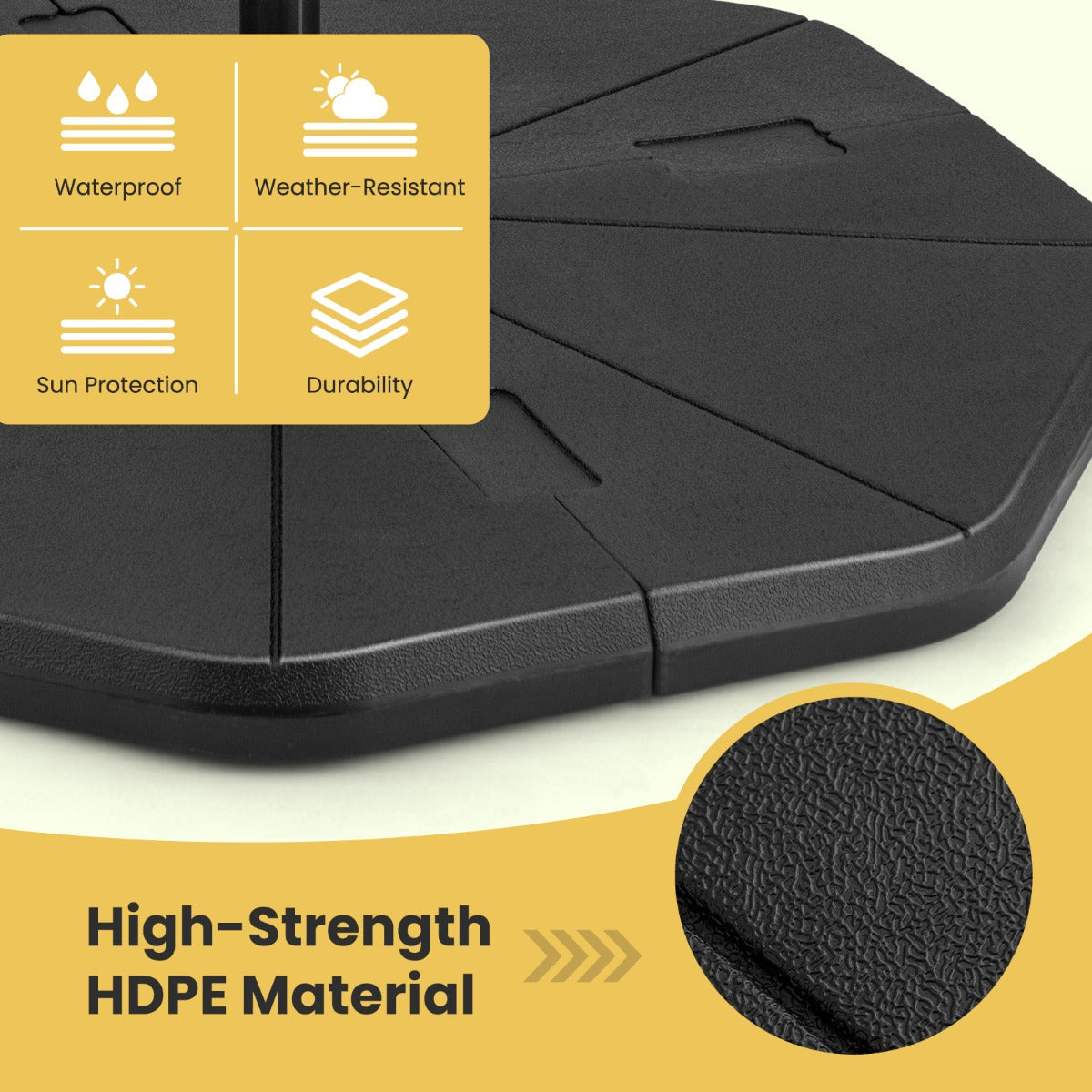 Fill the umbrella base with water for 58 kilograms of weight or sand for up to 76 kilograms