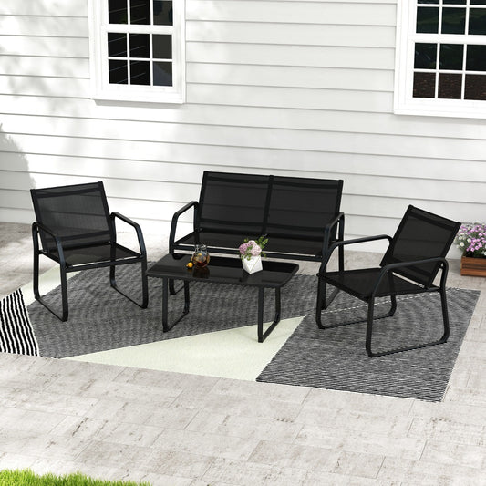 Costway 4 Pieces Patio Metal Conversation Set with Breathable Fabric Seat-Black