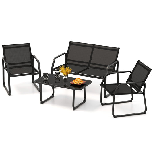 Costway 4 Pieces Patio Metal Conversation Set with Breathable Fabric Seat-Black
