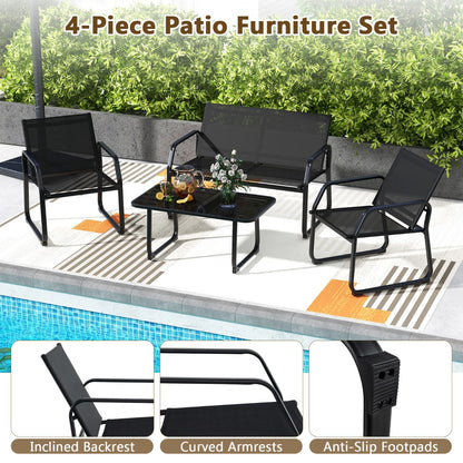 Costway 4 Pieces Patio Metal Conversation Set with Breathable Fabric Seat-Black