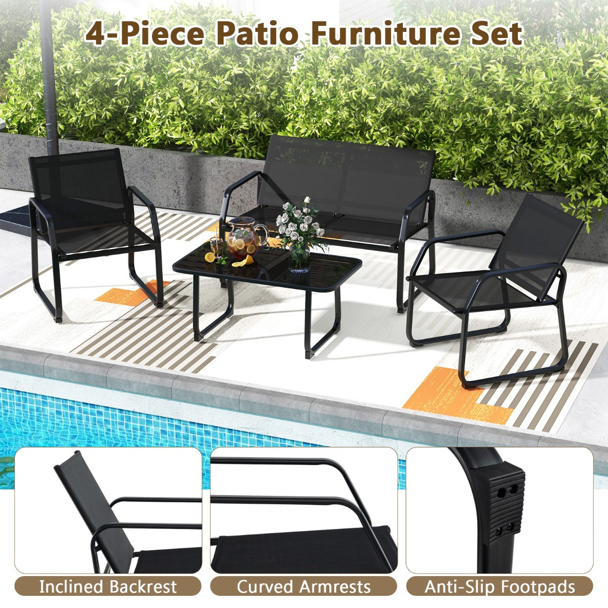 Rust-resistant coated surfaces help protect the patio furniture for long-lasting use