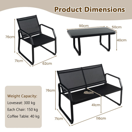 Four-piece metal patio conversation set includes a loveseat, two chairs, and a glass coffee table