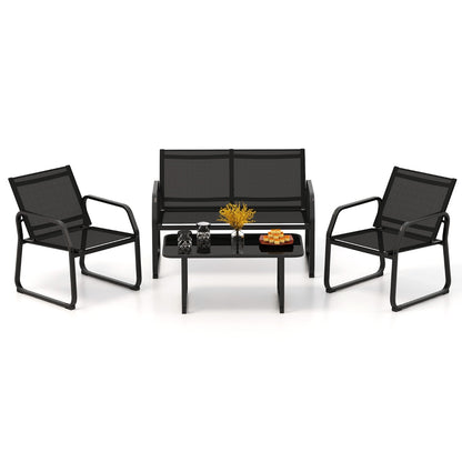 Costway 4 Pieces Patio Metal Conversation Set with Breathable Fabric Seat-Black