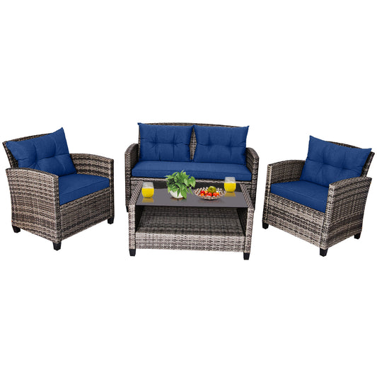 4 Piece Patio Wicker Furniture Set with Glass Coffee Table and Removable Cushions-Navy