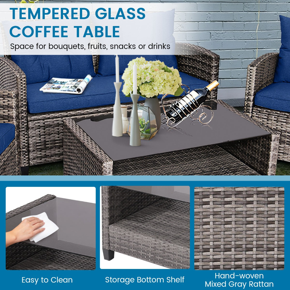 4 Piece Patio Wicker Furniture Set with Glass Coffee Table and Removable Cushions-Navy