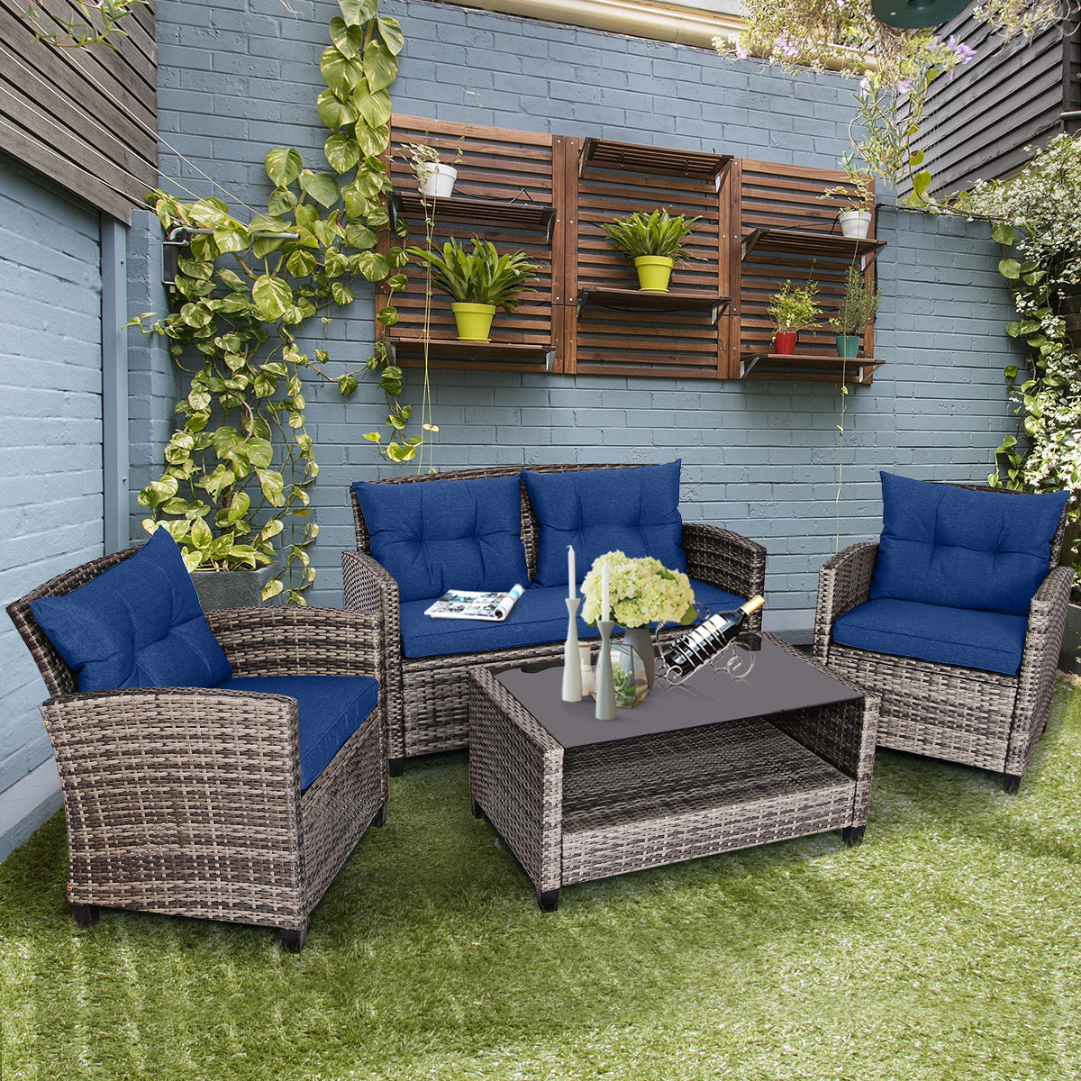 4 Piece Patio Wicker Furniture Set with Glass Coffee Table and Removable Cushions-Navy