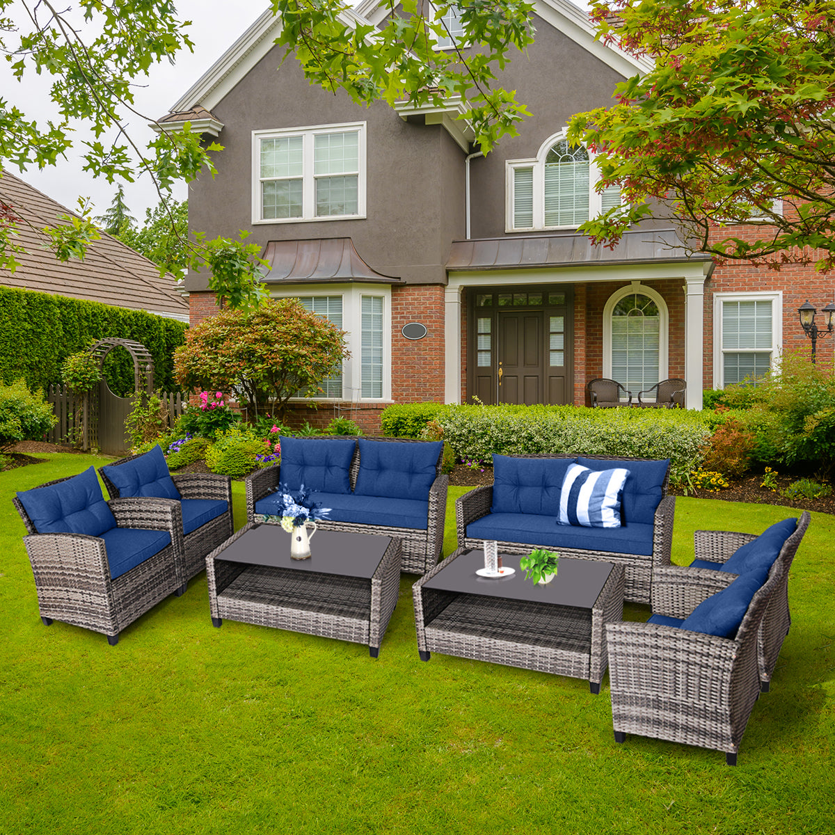 4 Piece Patio Wicker Furniture Set with Glass Coffee Table and Removable Cushions-Navy