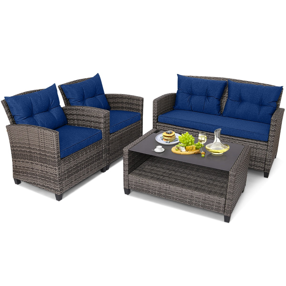 4 Piece Patio Wicker Furniture Set with Glass Coffee Table and Removable Cushions-Navy