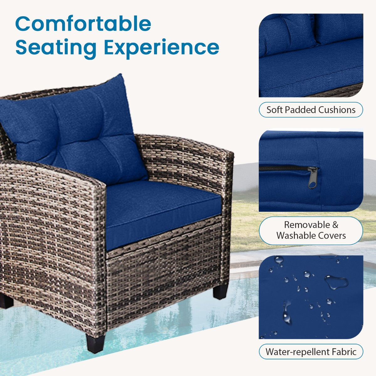 4 Piece Patio Wicker Furniture Set with Glass Coffee Table and Removable Cushions-Navy