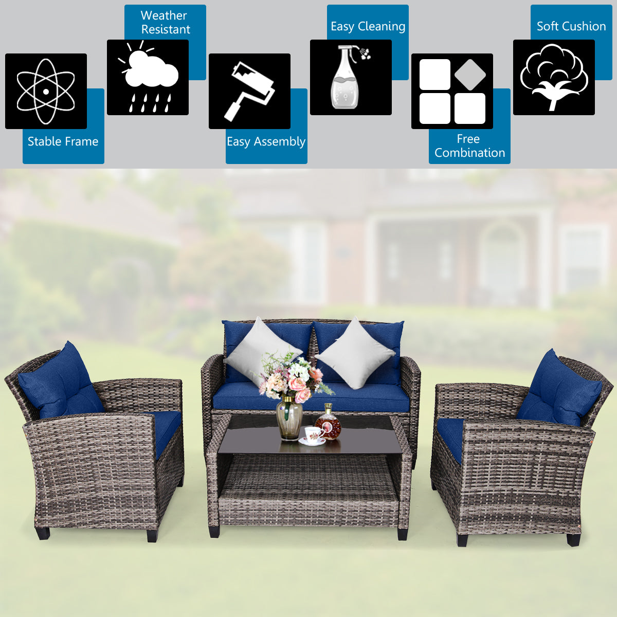 4 Piece Patio Wicker Furniture Set with Glass Coffee Table and Removable Cushions-Navy