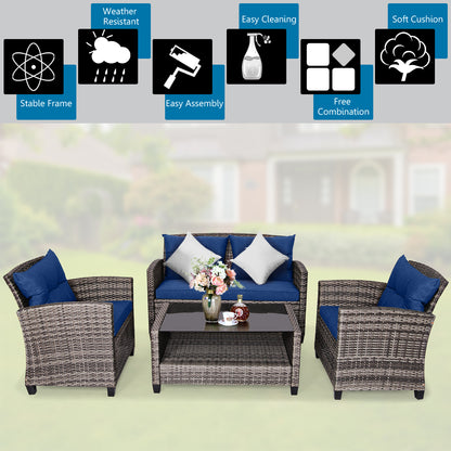 4 Piece Patio Wicker Furniture Set with Glass Coffee Table and Removable Cushions-Navy