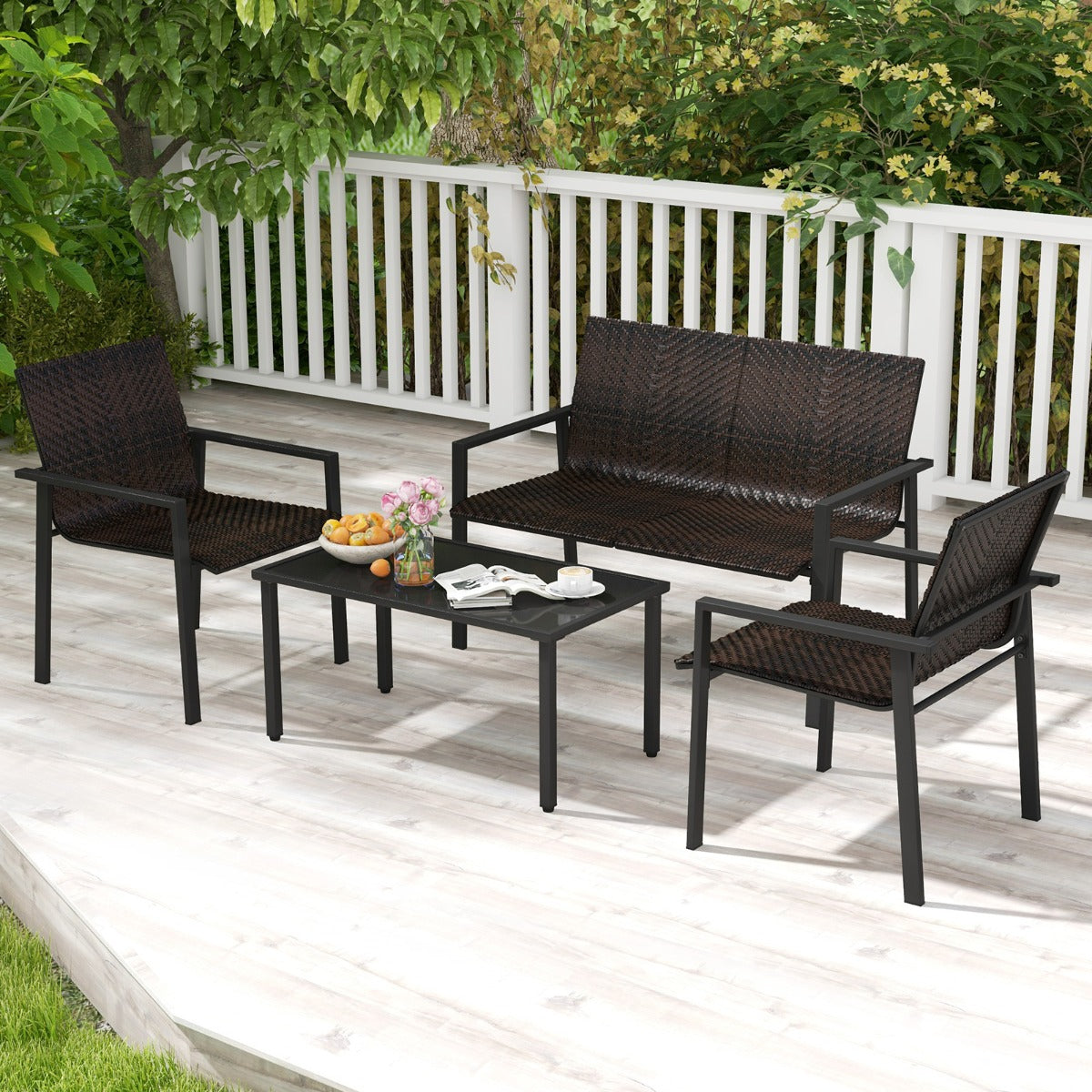 4 Pieces Patio Furniture Set for Small Space Balcony Poolside-Brown