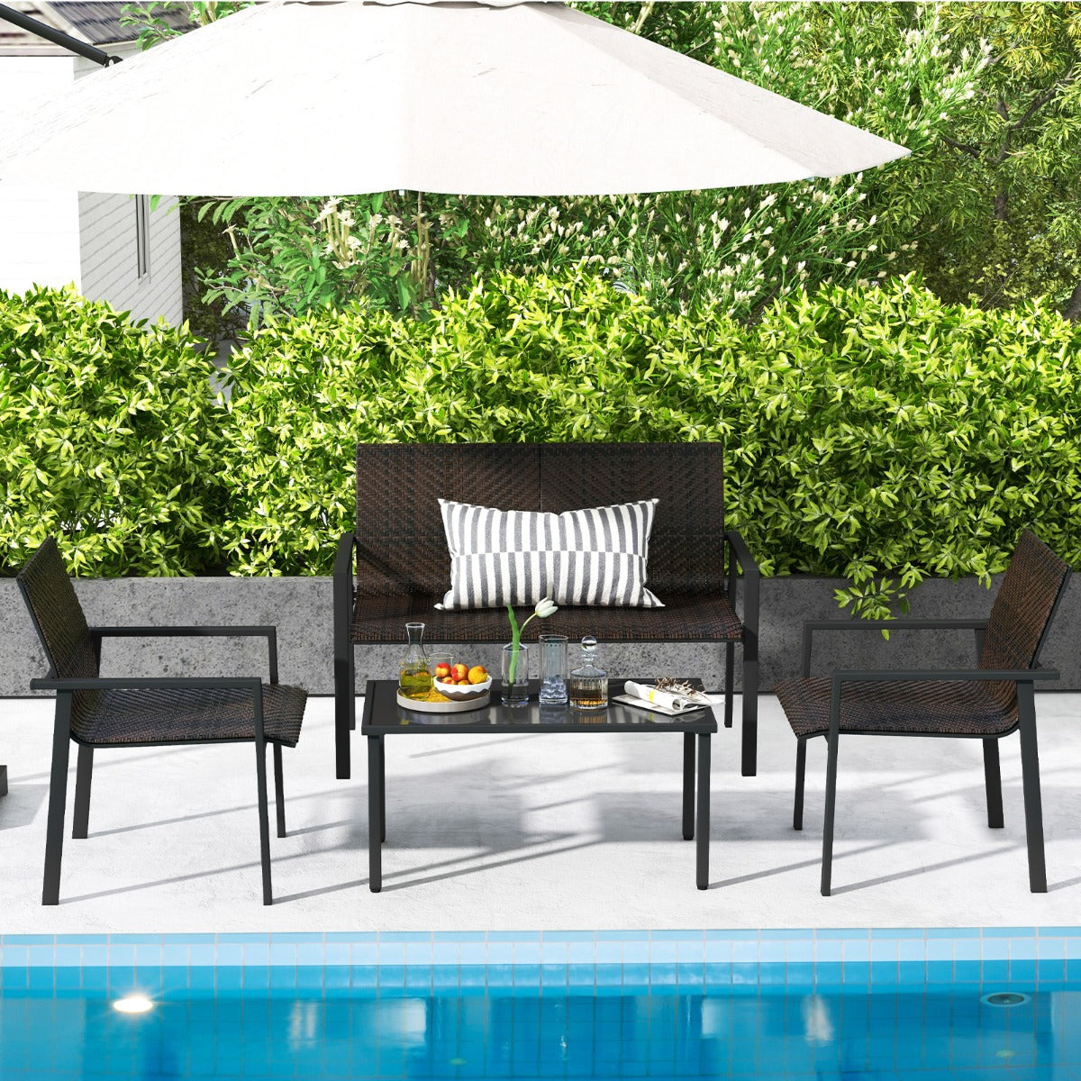 4 Pieces Patio Furniture Set for Small Space Balcony Poolside-Brown