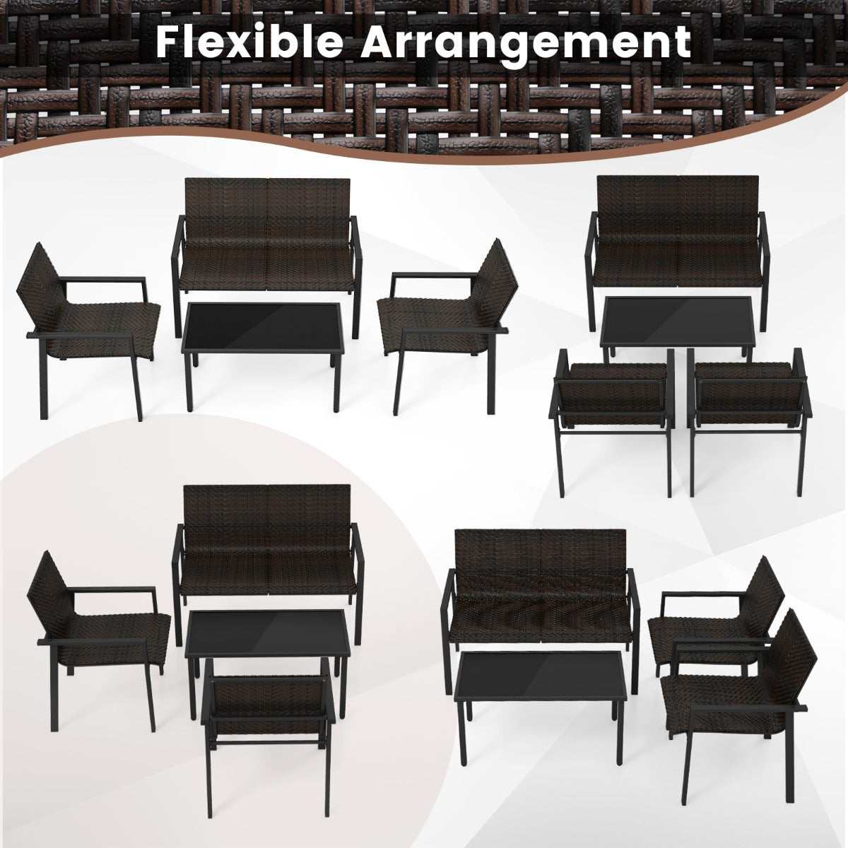 4 Pieces Patio Furniture Set for Small Space Balcony Poolside-Brown