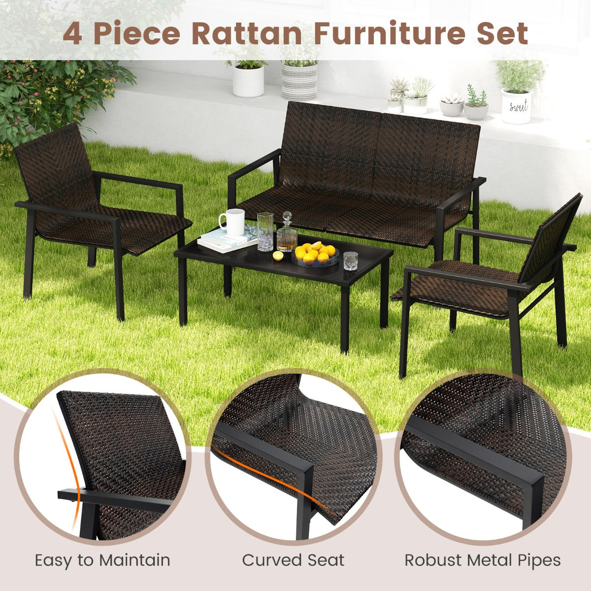 4 Pieces Patio Furniture Set for Small Space Balcony Poolside-Brown