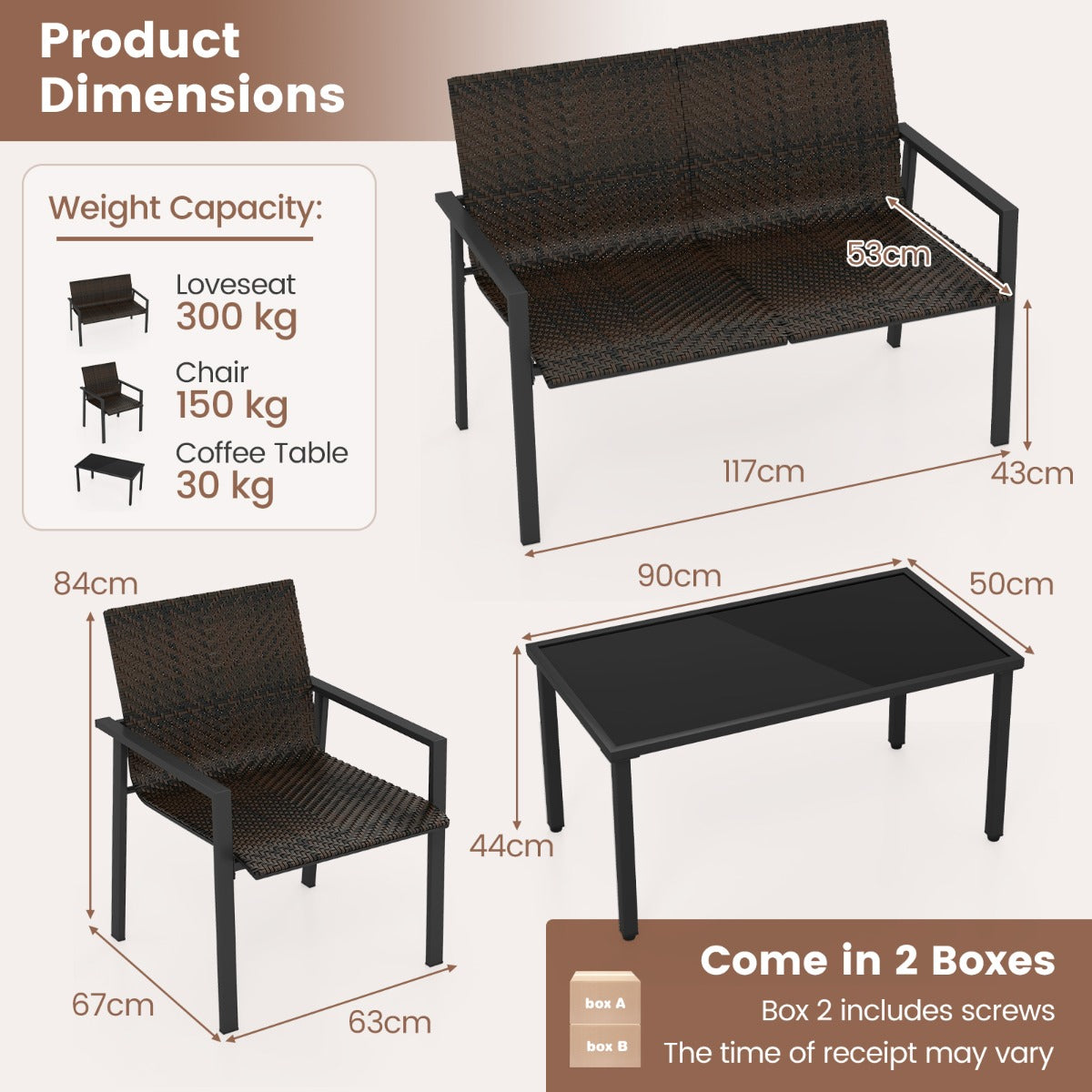 4 Pieces Patio Furniture Set for Small Space Balcony Poolside-Brown