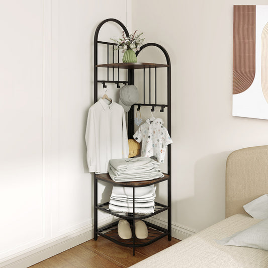 4-Tier Coat Rack with Shoe Storage Bench and 6 Removable Hooks-Rustic Brown