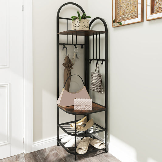 4-Tier Coat Rack with Shoe Storage Bench and 6 Removable Hooks-Rustic Brown
