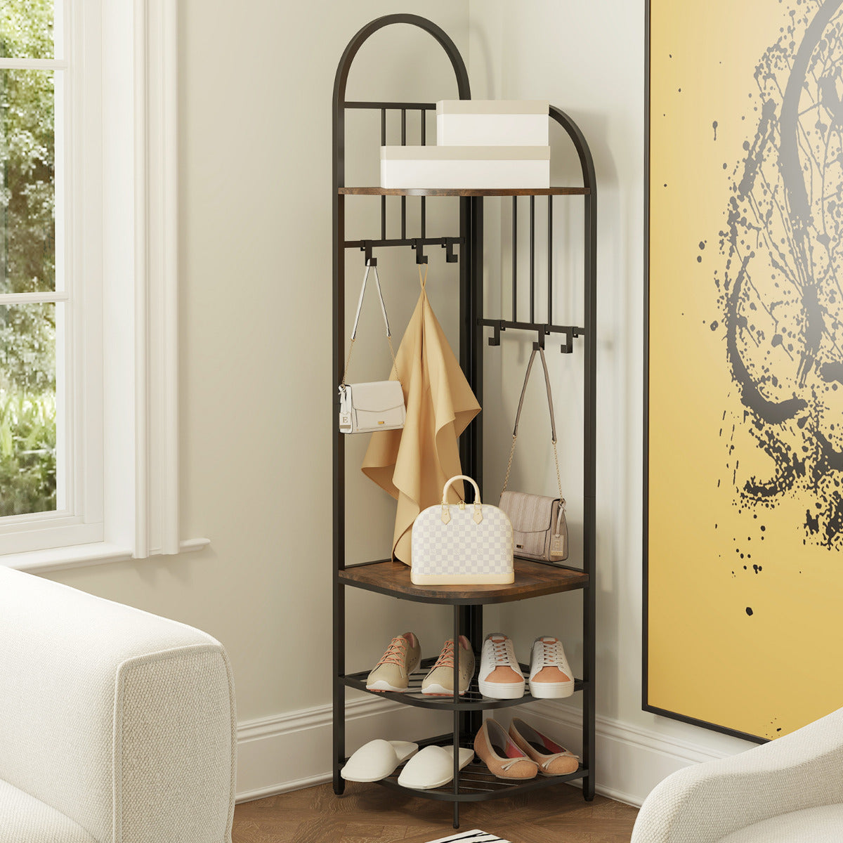 4-Tier Coat Rack with Shoe Storage Bench and 6 Removable Hooks-Rustic Brown