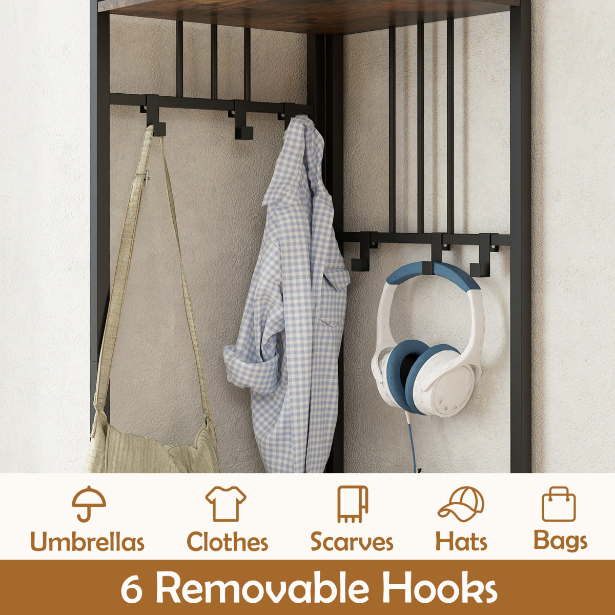 4-Tier Coat Rack with Shoe Storage Bench and 6 Removable Hooks-Rustic Brown