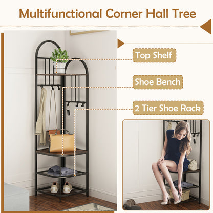 4-Tier Coat Rack with Shoe Storage Bench and 6 Removable Hooks-Rustic Brown