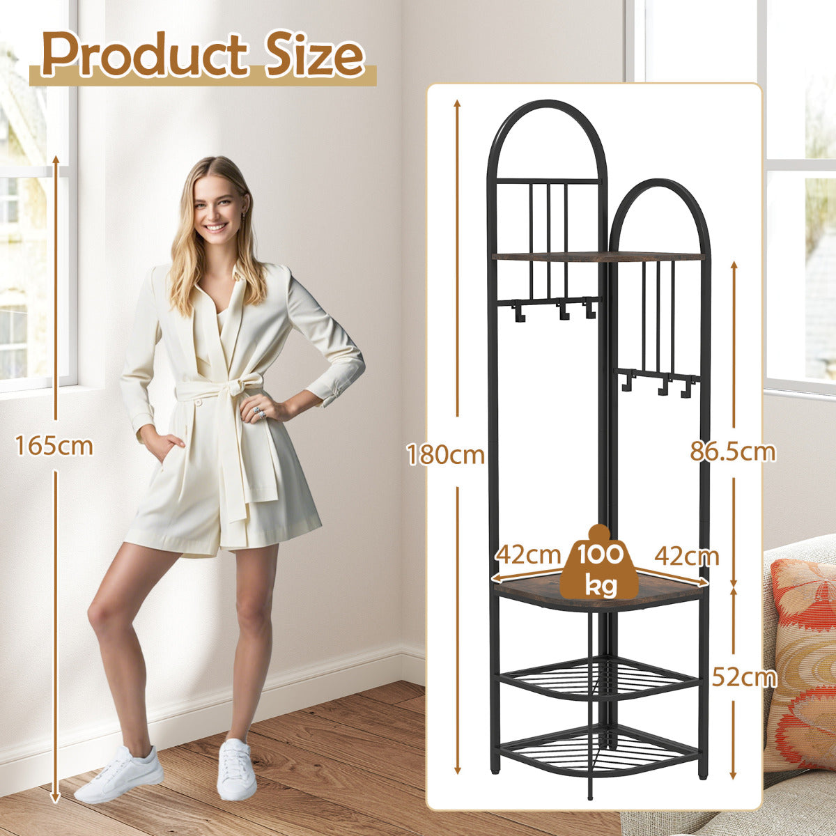4-Tier Coat Rack with Shoe Storage Bench and 6 Removable Hooks-Rustic Brown