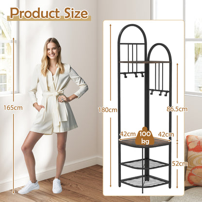4-Tier Coat Rack with Shoe Storage Bench and 6 Removable Hooks-Rustic Brown