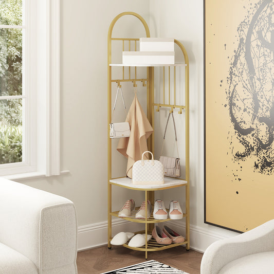 4-Tier Coat Rack with Shoe Storage Bench and 6 Removable Hooks-White