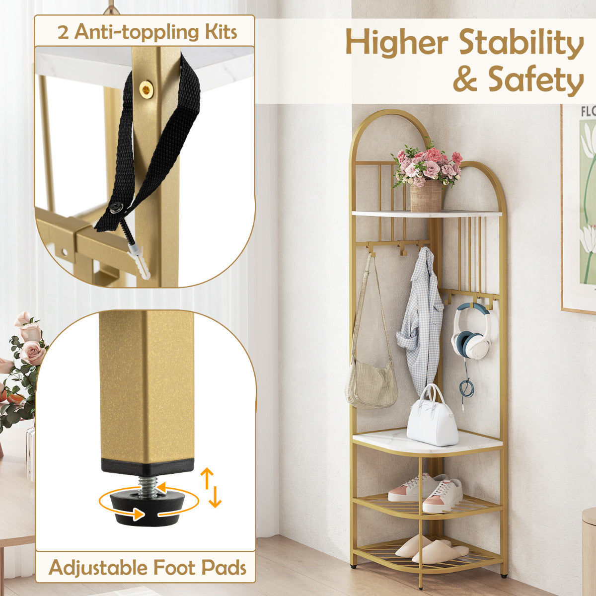 4-Tier Coat Rack with Shoe Storage Bench and 6 Removable Hooks-White