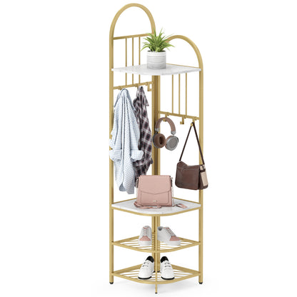 4-Tier Coat Rack with Shoe Storage Bench and 6 Removable Hooks-White
