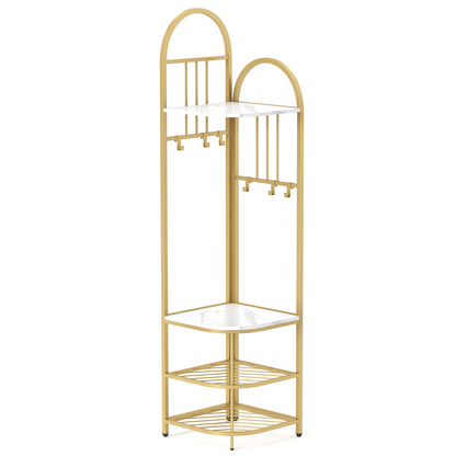 4-Tier Coat Rack with Shoe Storage Bench and 6 Removable Hooks-White