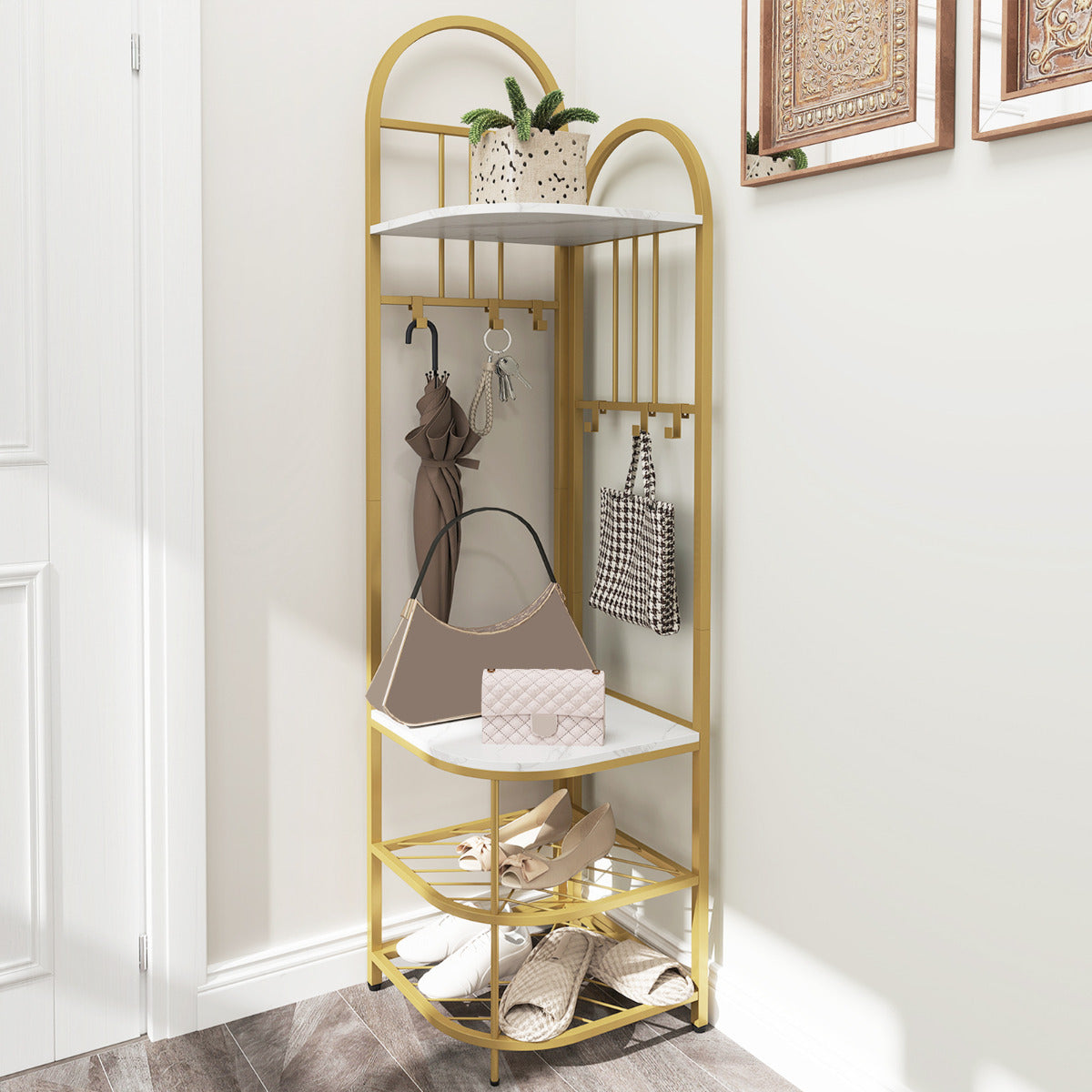 4-Tier Coat Rack with Shoe Storage Bench and 6 Removable Hooks-White