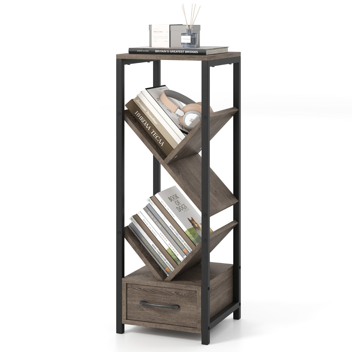 4 Tier Floor Standing Tree Bookshelf with Drawer for Small Space-Grey