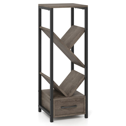 4 Tier Floor Standing Tree Bookshelf with Drawer for Small Space-Grey