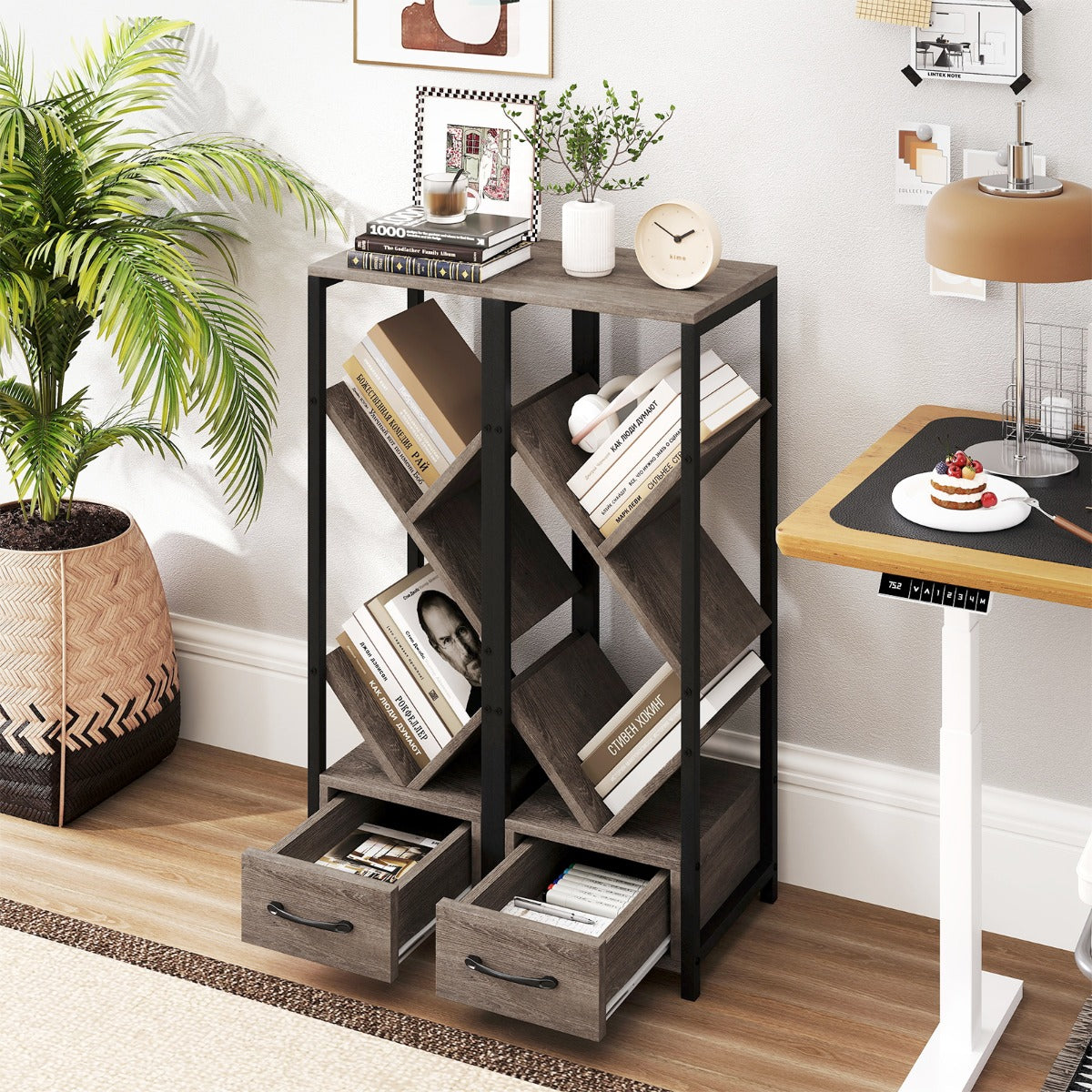 4 Tier Floor Standing Tree Bookshelf with Drawer for Small Space-Grey